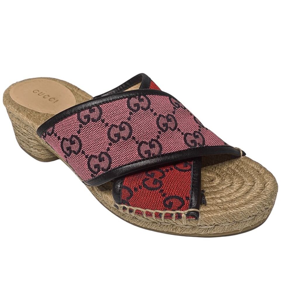 Gucci GG Logo Monogram Canvas Espadrille Mule Heel Sandal EU 37.5 US 7.5 Slide